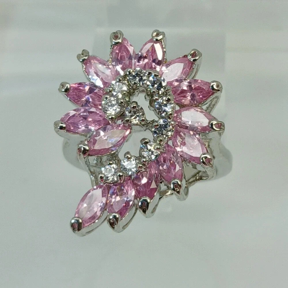 Vintage 1990s Pink Marquise Floral Swirl Cocktail Ring Silver Statement Size 8.5